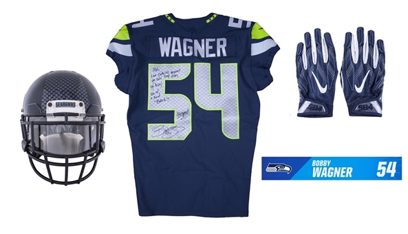 Lot of (4) Bobby Wagner Game Used Seattle Seahawks Items Including Helmet, Pro Bowl Name Plate Gloves, and Team Issued Signed Jersey (Seahawks,NFL PSA/DNA)  
